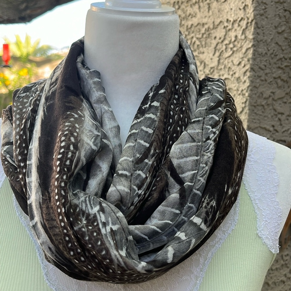 Large sheer scarf. Brown and cream feather pattern